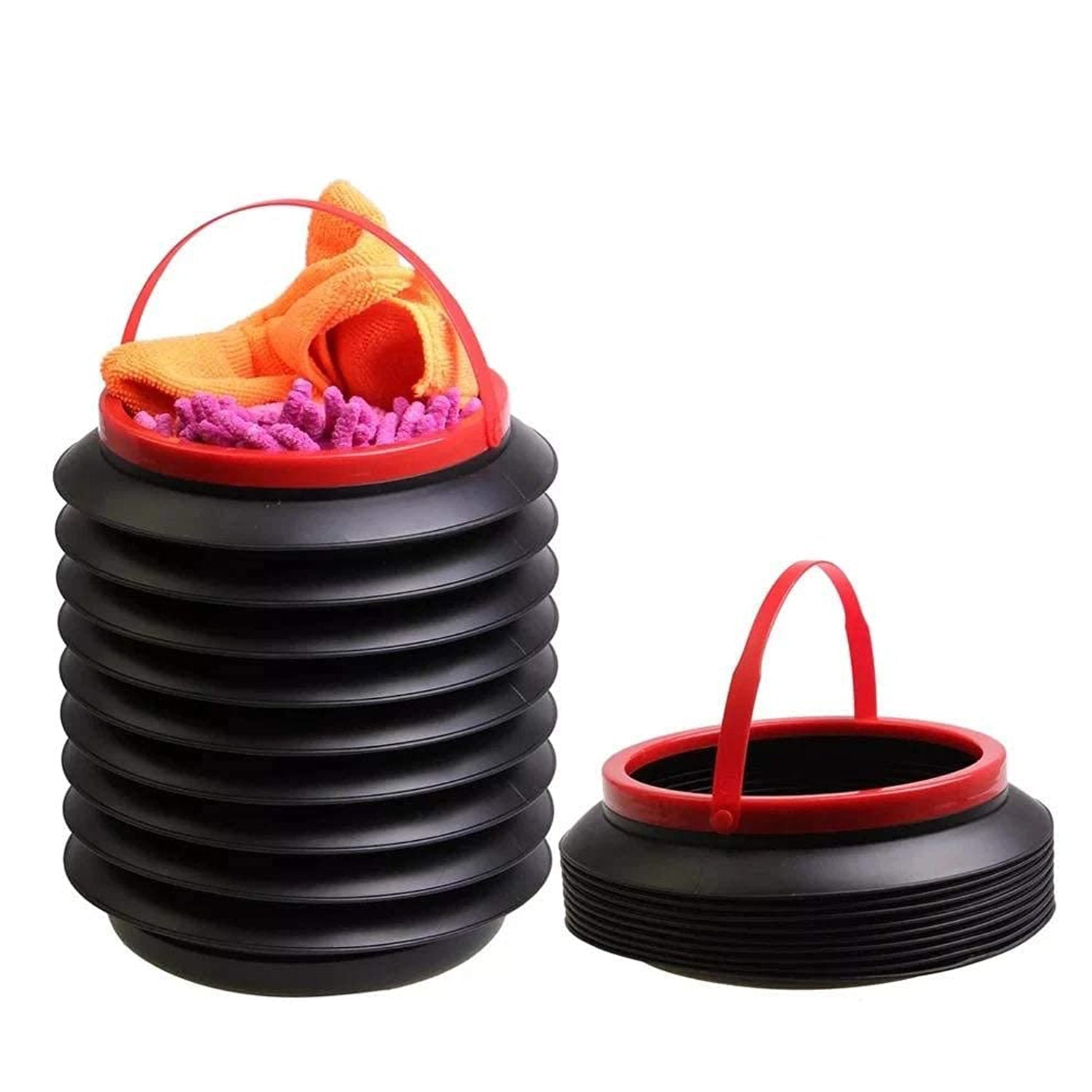 Side view of foldable storage bucket highlighting its use as a water container and dustbin. Side view of foldable storage bucket highlighting its use as a water container and dustbin.